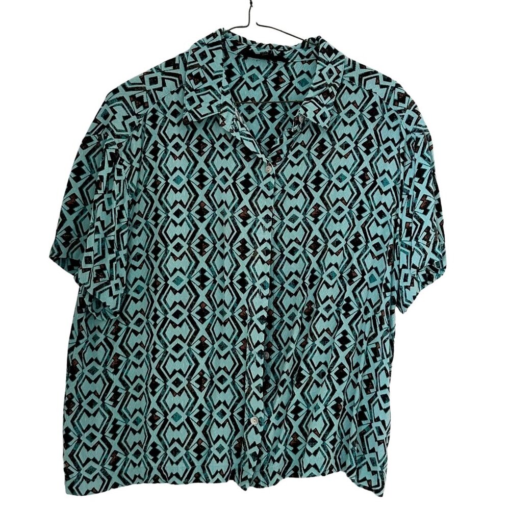 Jane + Delancey Geometric Print Button Front Blouse Large Turquoise Black Short